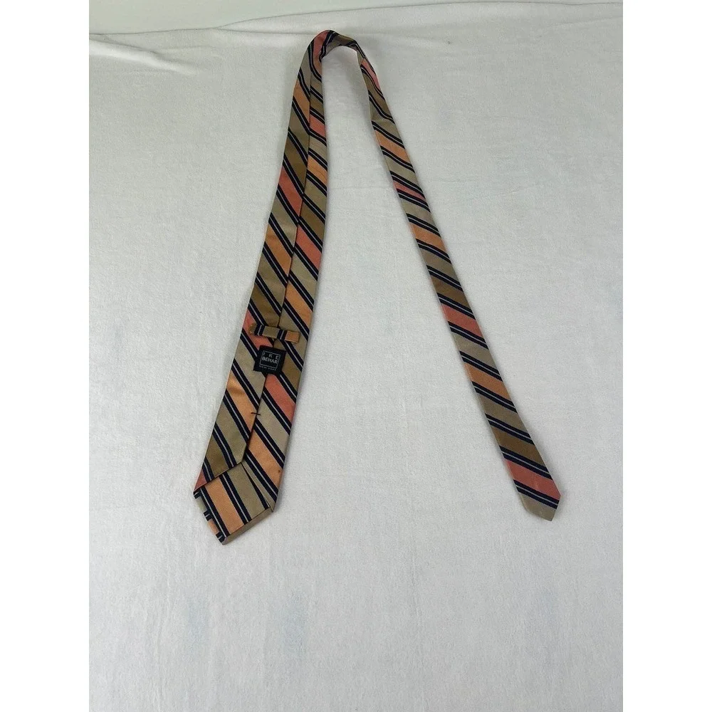 Ike‎ Behar Necktie Mens OS Gold Orange Navy Blue Striped Silk Cotton Blend Tie